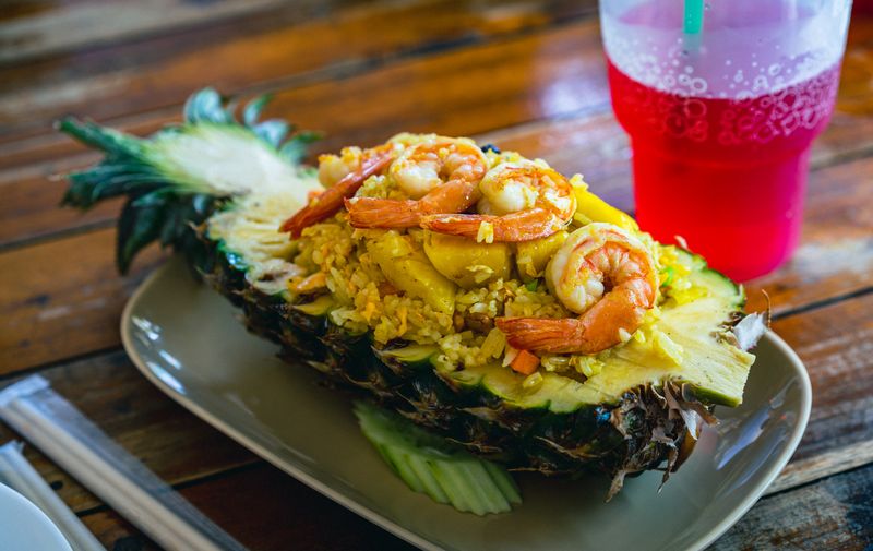 Shrimp taco bowl with tropical salsa